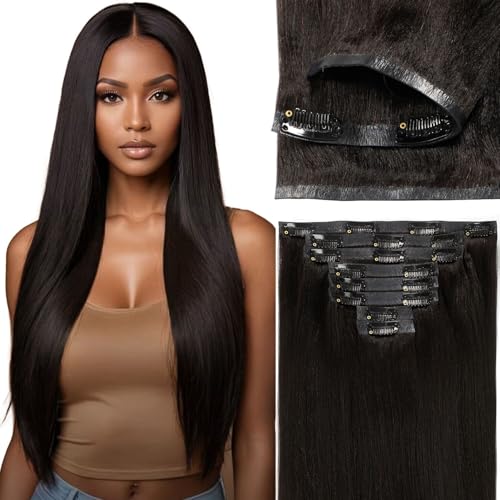 Loxxy Invisible Yaki Clip Ins Hair Extensions Real Human Hair PU Weft 14 Inch Hair Extensions Clip ins Seamless Natural Black 110g 7pcs