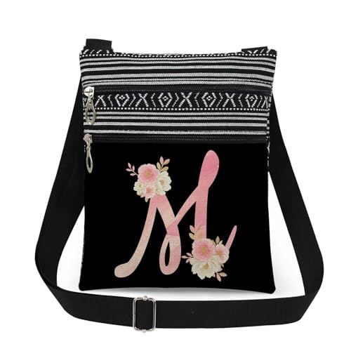 Pink Art Letter M Crossbody Bag Gilded Floral Print with M Letter Messenger Bag Daily Use Adjustable Strap Crossbody Purse Birthday Gift Valentine Present​​ for Adult Bridesmaid Gift