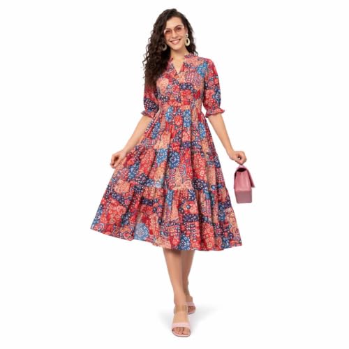 Image of PIDAVLIYA'S Women Cotton Printed Midi Dress with V Neck & Puff Sleeves | Flared A-Line Casual Summer Dress | Stylish Knee Length One Piece for Daily