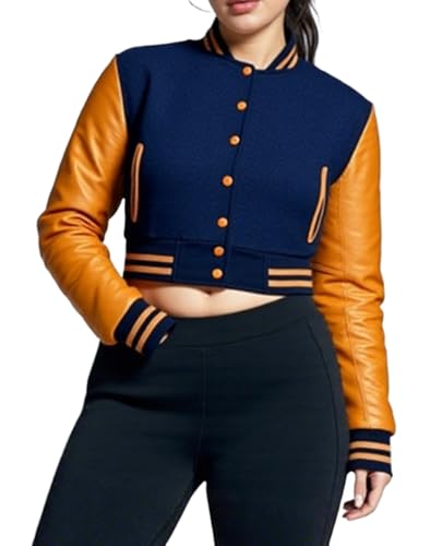Cropped Letterman Jacket Woman - Bomber Long Leather Sleeve Baseball Varsity Jacket Women