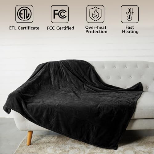 Image of Tefici Electric Heated Blanket Throw, Super Cozy Soft 2-Layer Flannel 50 inch x 60 inch Heated Throw with 3 Heating Levels & 4 Hours Auto Off, Machine Washable, ETL&FCC Certified, Home Office Use,Black