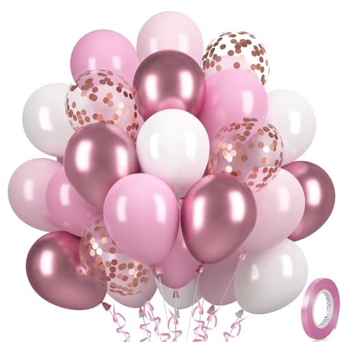 Globos Rosas, 30 Metálico Rosas Blancos, Globos de Confeti Oro