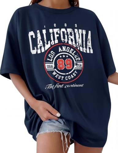 Image of CMTOP Oversized T Shirts Women Crew Neck Short Sleeve Summer Tops Women's Cotton Letter Printed T-Shirts Casual Loose Graphic Tee Shirts Tunic Tops (Navy Blue, L)