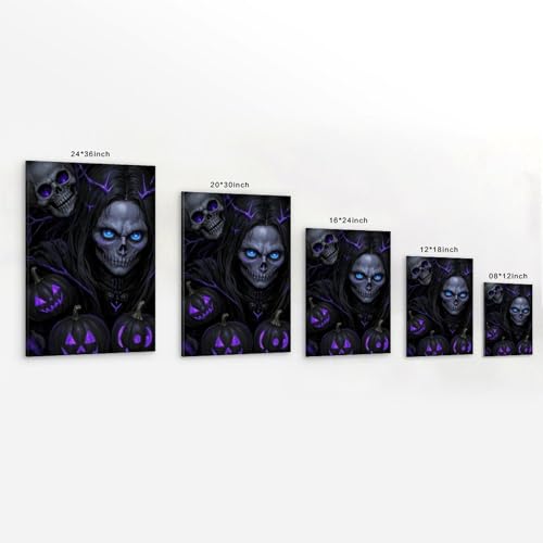 XMHMYHZJ Halloween-Poster mit lila gruseligen Kürbissen und einem Totenkopf mit blauen Augen, Wandkunst, Wandkunst, Wandbild, moderne Dekoration, hängendes Kunstposter, 60 x 90 cm