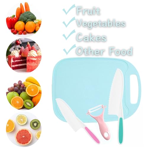 GONEJALL 4 Pieces Kids Knife Set for Real Cooking, Toddler Knife Set with Ceramic Peeler for Kitchen, Kids Cutting Board and Safe Plastic Knives for Cutting Cakes, Fruit, Veggies & Bread — view 3
