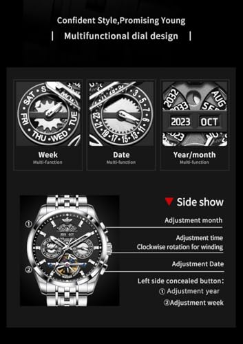 Image of OUPINKE Men Watch Automatic 5 Hands Multi Calendar Year /Month /Week /Date Mechanical 5ATM Waterproof Luxury Tungsten Steel Sapphire Crystal Wrist Watch for Men