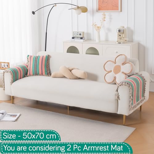 Image of HOKIPO 'Artisan Boho Series' Sofa Arm Cover with Tassel | 450 GSM Thick Cotton Acrylic Jacquard Fabric Armrest Mat Size 50x70 cm, Pack of 2, Mint Green (IN-899-A7*2SM)