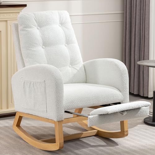 Sudwesto Nursery Rocking Chair, Polar Fleece Upholstered Glider Chair with Adjustable Footrest, Recliner Chair with Side Pocket, Padded Rocker Recliner Chair for Living Room, Bedroom (White)