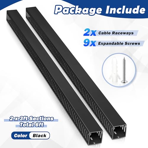 Image of ZhiYo 2 inchH x 2 inchW Cable Raceway, 6ft Under Desk Wire Management Channel Black | Slotted Wire Duct, 2 Pack (3 ft Each), Heavy-Duty PVC Cable Management for Server Racks, Network Cables & Electrical Cabinets