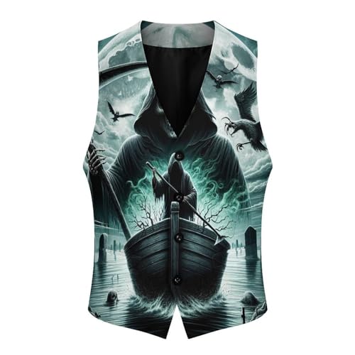 Grim Reaper with Scythe on A Boat Men's Suit Vest Slim Fit V-Ncek Waistcoat Business Casual Vest4
