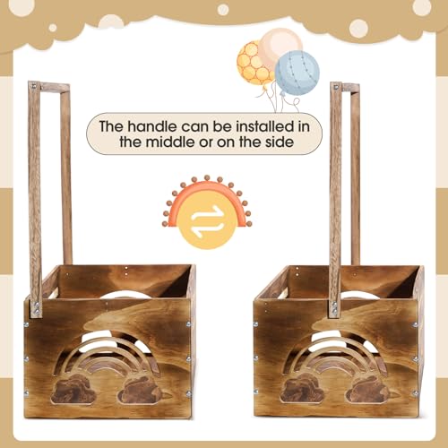 Image of Yerliker Wooden Baby Shower Crate Closet Baby Shower Gifts Basket Storage Crate Hamper with Handle Personalized Basket for Newborn Boys Girls Pregnancy Gifts(Dark Walnut,Cloudy, Rainbow)