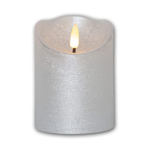 Star Trading LED Echtwachskerze 3D FLAMME RUSTIC, silber, Timer, Höhe 10cm, Durchmesser 7,5cm, batteriebetrieben, Flackereffekt