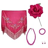 Pack accesorios flamenca mujer para feria de abril, mantón, Flor Rosa artificial con palo, bisutería perlas de plástico, traje flamenco, sevillanas (Pack Fucsia Flor Fucsia 6pcs, Mantón 150*70)