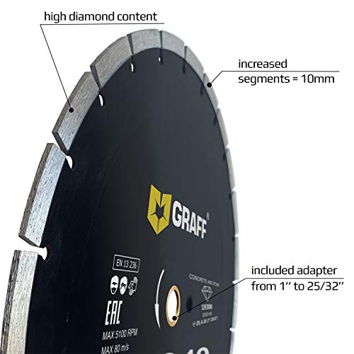 Graff Diamond Blade For Angle Grinder - Diamond Cutting Wheel For Cutting Stone, Marble, Granite, Brick, Masonry, Paving Flag, Concrete - Diamond Saw Blades Segment Height 0.394” (10 Mm) - 12 Inches #TOP1