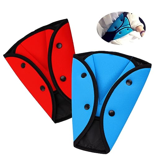 MHwan protege ceinture de securite enfant, 2 pièces universels réglables protection ceinture de sécurité enfant, triangle pour enfants anti-étouffement protege ceinture voiture (bleu, rouge)