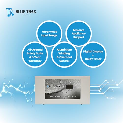 Image of BLUETRAX 1 KVA 800W Voltage Stabilizer | 70V-300V | Automatic Table Top Digital | for Washing Machine & Refrigerator 165-400L | ISI Certified |10 Years Warranty