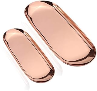2 Pcs Stainless Steel Cosmetics Tray, Dessert Candy Dish Tea Coffee Cup Plate, Storage Tools for Jewelry Bathroom Vanity Towels Holder (Rose gold)