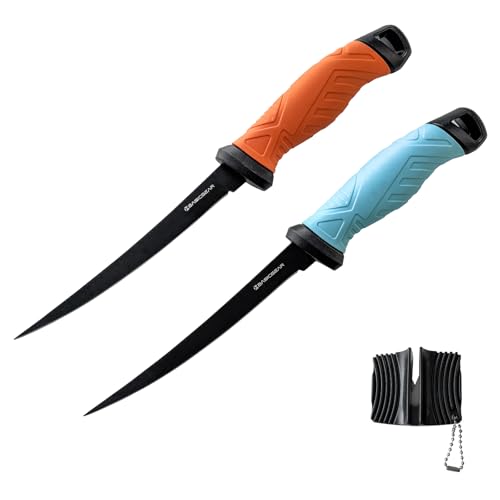 BasicGear Fishing Fillet Knife Set of 2 – 7” 440C Stainless Steel Blade with Non-Stick Coating, Ergonomic Non-Slip Handle, Sheath, and Sharpener – For all fish types