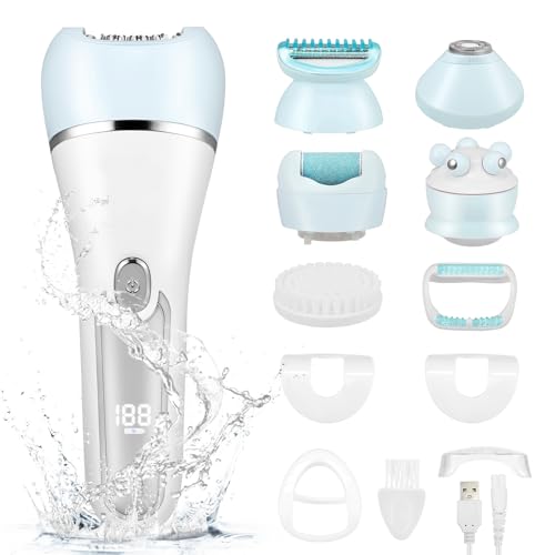 Elektrischer Epilierer für Damen, 6 in 1 Epilierer Gesicht für Frauen Kabelloser, Wiederaufladbares LED-Display, Wet and Dry Damen Epilierer mit Peelingbürste, Reinigungsbürste, Massagekopf (Blau)