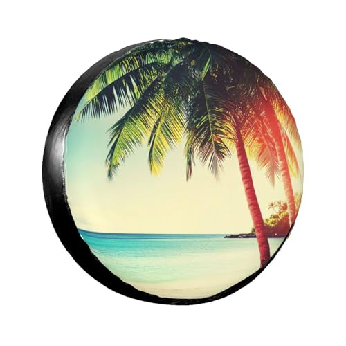 Image of Beach with Palm Trees Spare Tire Cover-Cute Funny Waterproof Universal Spare Wheel Tire Covers Fit for Rv SUV Truck Camper Travel Trailer Accessories,16 inch