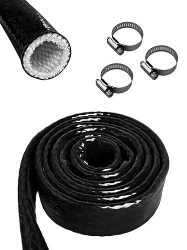 YAMAKATO 3/8 ID Heat Shielded Fire Thermo Armor Fire Sleeve Silicone Coated Fiberglass Heat Protection w/ 3 Clamps for Automotive Hose Lines & Electrical Wiring (Black 5FT