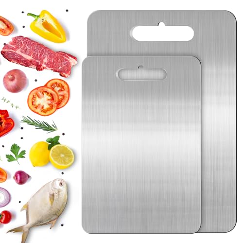 2PCS Extra Large Titanium Chopping Board, 2026 New Multifunctional Stainless Steel Chopping Boards, Double-Sided Food Grade Titanium Cutting Board Metal Chop Board for Kitchens(39x28cm, 34x23cm)