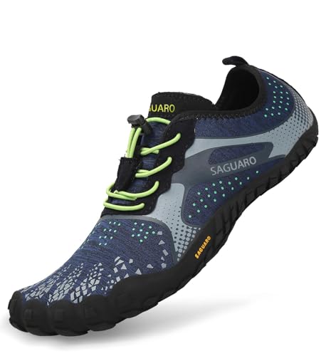 SAGUARO Outdoor Sport Barfußschuhe Damen Traillaufschuhe Herren Fitnessschuhe Atmungsaktive Zehenschuhe rutschfest Trekking Wander Schuhe Unisex Blau Gr.42