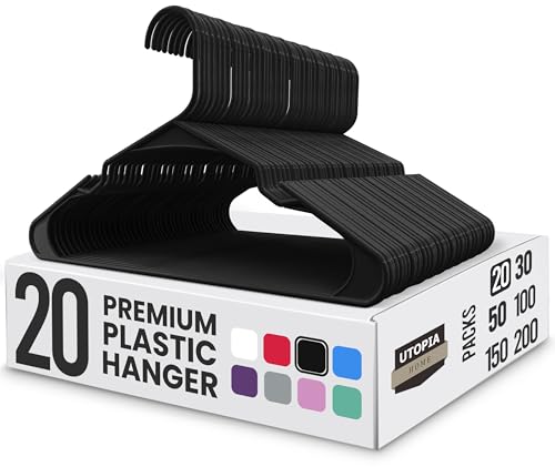 Utopia Home 20-Pack Plastic Hangers for Clothes - Space Saving Notched Hangers - Black