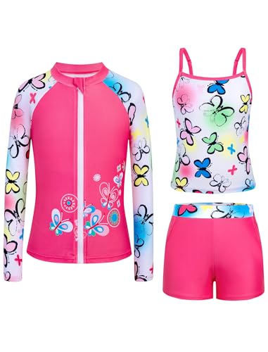 Seanrui Girls' Swimwear Long Sleeve Kids Swimsuits Size 7-8 Cute 2 Piece Rash Guard Bathing Suits with Shorts Hot Pink