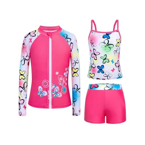 Rash Guard for Girls Long Sleeve 3 Piece Teens Swimsuits Zip Up Bathing Suit with Pockets Boyshorts (6-16Y) Hot Pink 15-16 Years