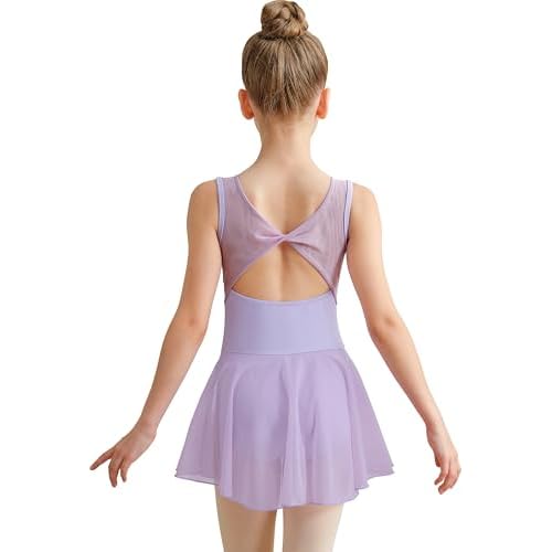 DANSHOW Girls Mesh Ballet Leotard Sleeveless Dance Dress, Crisscross Hollow Back, Full Front Lining Sleeveless 10-12 Years Purple