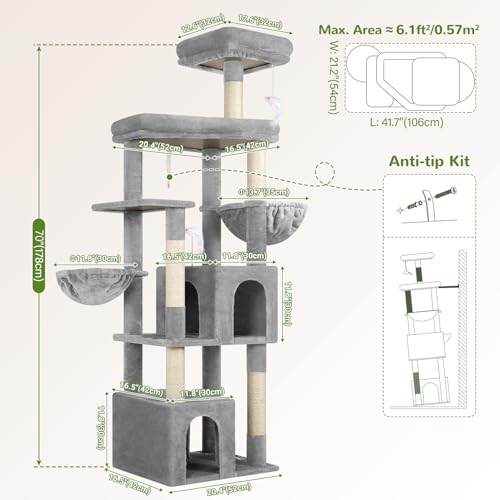 Image of Globlazer Sturdy Cat Tree for Indoor Cats 20 lbs, S68, Cloud Grey | 68-inch Large Cat Tower for Adult Big Cats, Heavy Duty Cat Tree with Extra Large Platform, 5 Scratching Post