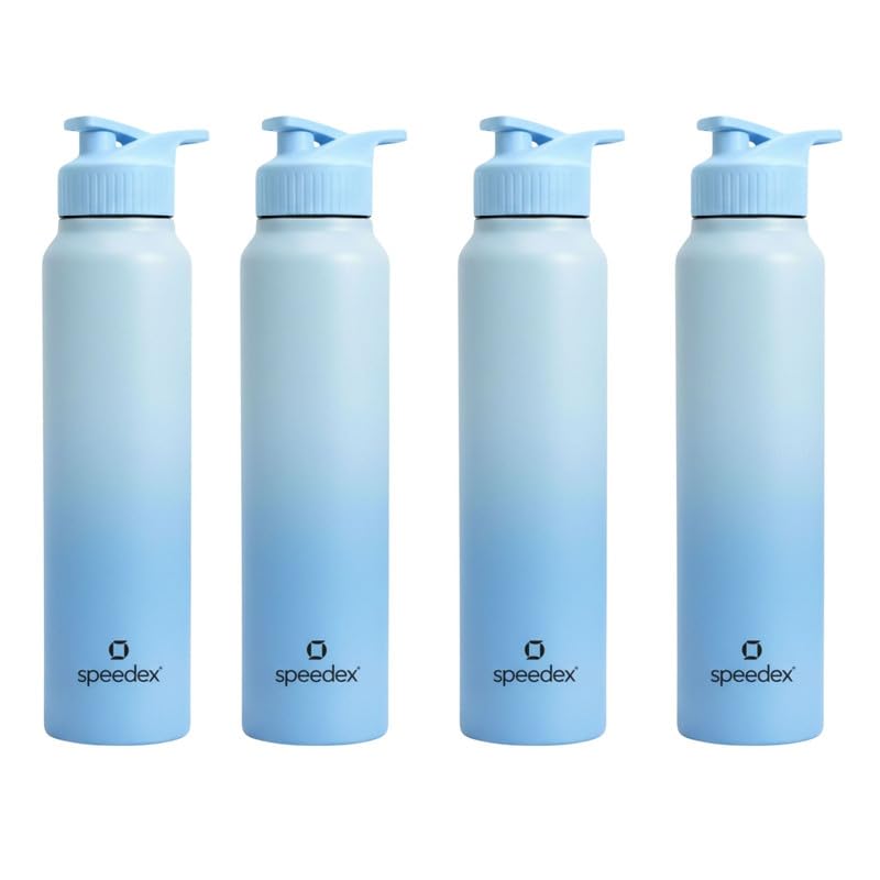 Image of Speedex Stainless Steel Metal Water Bottle 1 Ltr 1000 ml, BIS Approved, Leak Proof Sipper Cap Bottle for Office, School, Gym, Travel, Daily Use for Men, Women, Kids, Adults, Dual Blue, Set of 4