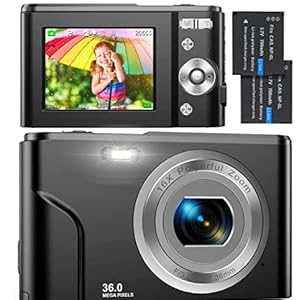 Digitalkamera, Kompaktkamera 1080P FHD 36MP Fotokamera Mini Videokamera mit 16X Digitalzoom, und 2 Batterien Wiederaufladbare kinderkamera Geschenk für Kinder Studenten Teenager, Anfänger Schwarz
