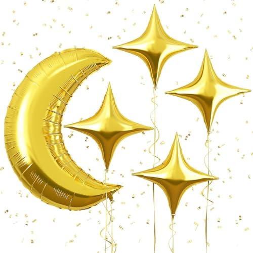 Image of 5 pcs 36 Inch Large Metallic Moon Shape Foil Balloon 18In Chrome Gold Foil Star Shaped for 70s Disco Dance Birthday Graduation New Year (Gold Moon Star 5pcs)