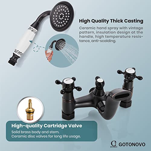 Gotonovo Wall Mount Bathtub Faucet With Hand Held Shower Spray Faucet Set Bathroom Vintage Oil Rubbed Bronzed Double Cross Handle 2 Functions 360 Swivel Mixer Tub Spout Tub Filler #TOP6