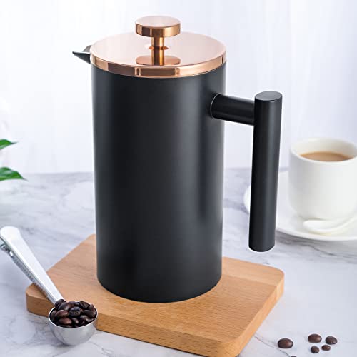 Foto von MaxMiuly Kaffeebereiter French Press 1L, Kaffeepresse Doppelwandig Edelstahl 6 Tassen, Thermo Kaffeezubereiter Erhältlich in 350ml, 1000ml mit Filtersieb, Untersetzer, Schwarz Gold