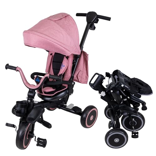 TORAL Triciclo Bebe Plegable - Triciclo Evolutivo Crece con tu Bebé - Bicicleta Bebe - Cinturón, Capota, Portavasos, Freno, Cesta, Función Rueda Libre - Modelo Siena Rosa