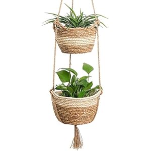 KAHEIGN Hangende zeegras plantenbak, 2 maten geweven plantenpot binnen en buiten – bloempotten hoes opbergmand plantencontainers voor woondecoratie (beige)
