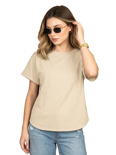 Image of JUNEBERRY Pure 100% Cotton Oversized Loose Fit Drop Shoulder Round Neck Boyfriend Fit Solid Half Sleeves T-Shirt for Women & Girls (Sizes: S to 2XL)