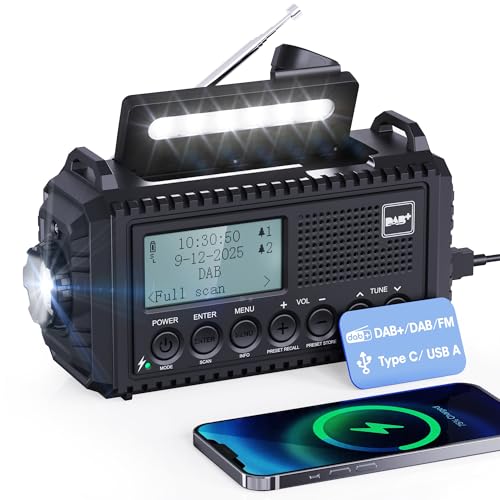 Dab Wind Up Radio, 5000 mAh, zasilane energią słoneczną, radio awaryjne z alarmem SOS, radio korbowe z ładowarką USB, przenośne radio Dab z latarką, gniazdem słuchawkowym i budzikiem, na kemping