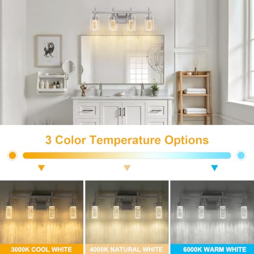 Image of 4-Light Brushed Nickel Vanity Light with 3 Color Modes (3000K /4000K /6000K), Eye Protection LED Bathroom Light Fixture, Dimmable Modern Wall Light Over Mirror with Clear Glass Shade