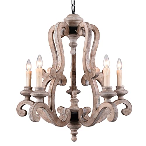 Chords Attic Farmhouse Weathered Wood Chandelier, French Country Empire Pendant Lighting Fixture With 5 Candle Lights, Adjustable Chain, For Kitchen, Dining Room, Foyer, Hallway Etc #TOP8