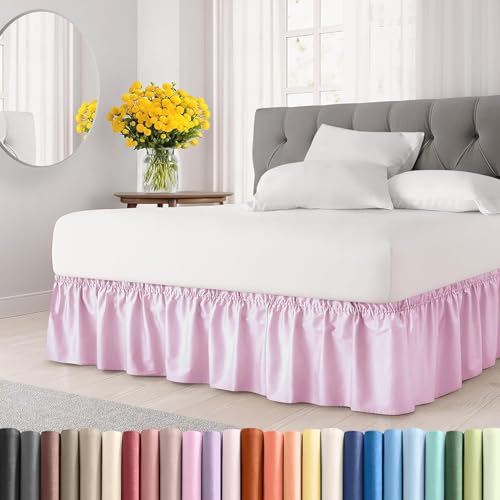 Image of Bed Skirt - Wrap Around Dust Ruffle Bed Frame Cover with Easy Fit Elastic Strap, Double Size 12 Inch Inch Drop, Microfiber Pleated, Machine Washable |Light Pink, (72inchx72inch)