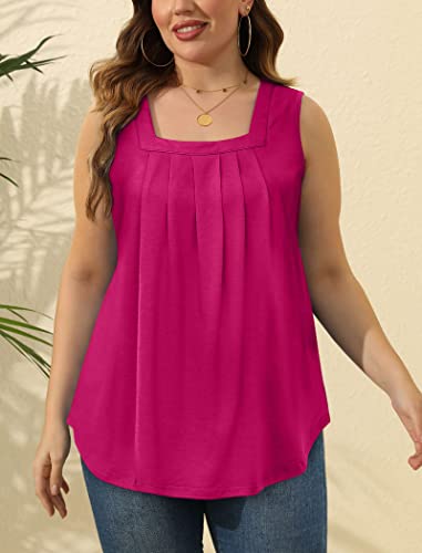 Image of Saloogoe Summer Tank Tops for Women Loose Fit Pleated Square Neck Sleeveless Tops Curved Hem Flowy