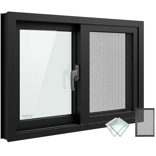 Sliding Basement Window with Removable Screen, Double Pane Tempered Glass Replacement Windows for Shed, RV, Mobile Home, Bathroom & Garage, Aluminum Horizontal Slider Frame(Black,W40"x16H")