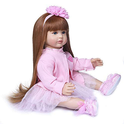 Muñeca Reborn de 24 pulgadas con cabello largo y mejillas rosadas miniatura 6