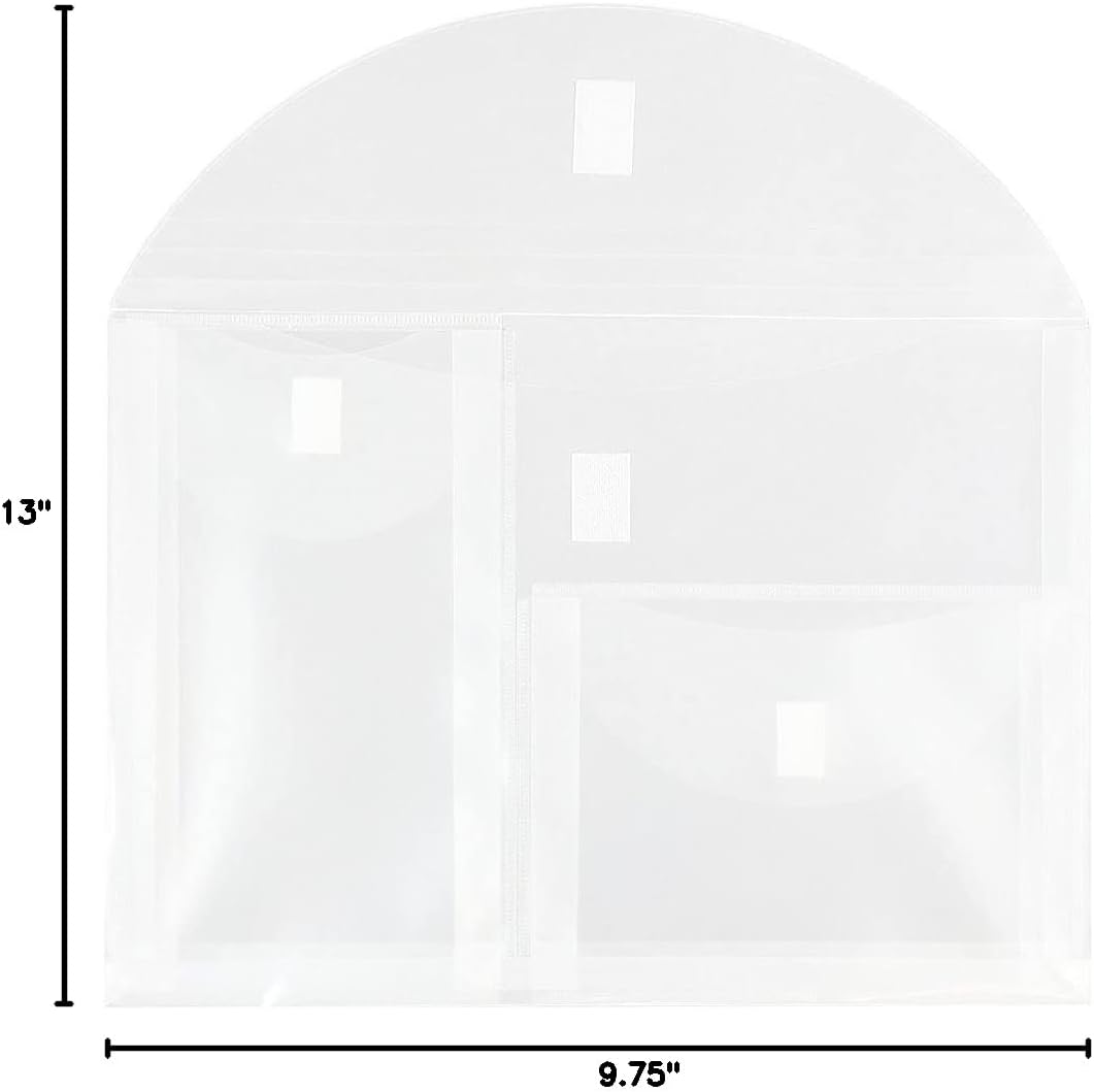 JAM PAPER Plastic Multi Pocket Envelopes with Hook & Loop Closure - 3 Pockets - Letter Booklet - 9 3/4 x 13 - Clear - 12/Pack