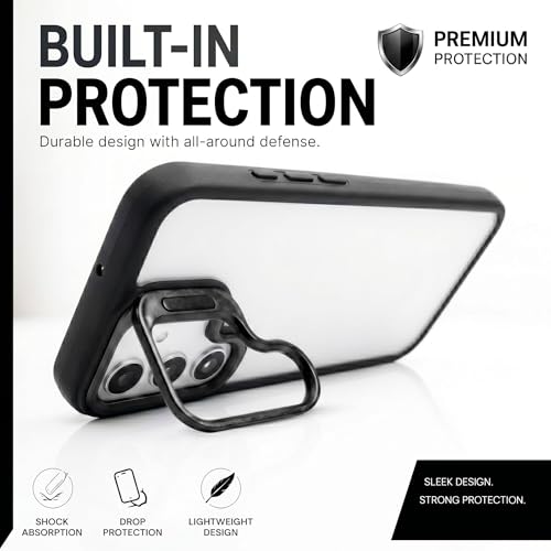 Image of amazon basics Frosted Matte Case for Samsung Galaxy S24 5G | Built-in Flip-Out Camera Lens Stand | Translucent Back with Contrast Black Bumper | Shockproof Protective Cover with Foldable Kickstand