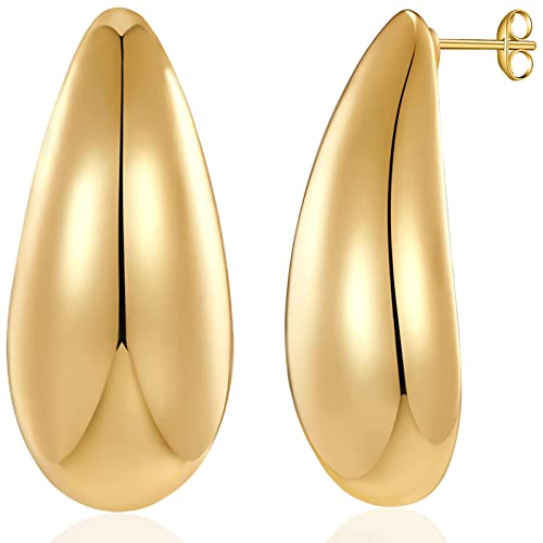 Chunky Gold Hoop Earrings for Women, Lightweight Teardrop Hoops Earrings with 18K Real Gold Plated, Hypoallergenic Earrings Waterdrop Hollow Open Jewelry for Women